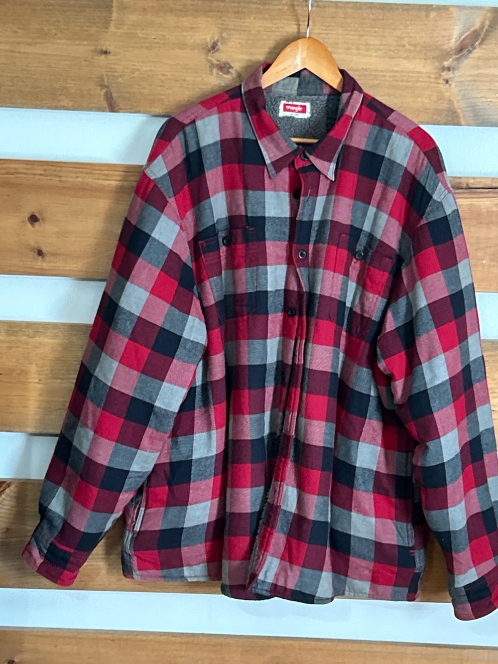 Wrangler Fleece Lined Large Square Checkered Plaid Button Down Men's Size 2XL